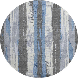 HomeRoots 8' Denim Blue and Gray Striped Washable Round Rug - Durable, Stain-Resistant, UV Protected Design! 706418