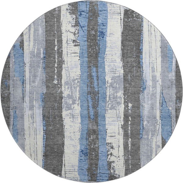 HomeRoots 8' Denim Blue and Gray Striped Washable Round Rug - Durable, Stain-Resistant, UV Protected Design! 706418