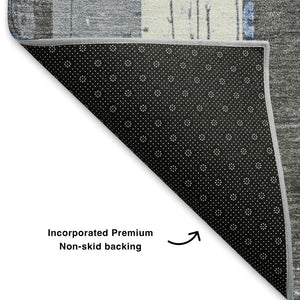 HomeRoots 8' Denim Blue and Gray Striped Washable Round Rug - Durable, Stain-Resistant, UV Protected Design! 706418