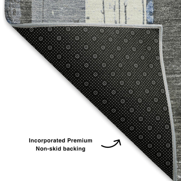HomeRoots 8' Denim Blue and Gray Striped Washable Round Rug - Durable, Stain-Resistant, UV Protected Design! 706418