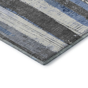 HomeRoots 8' Denim Blue and Gray Striped Washable Round Rug - Durable, Stain-Resistant, UV Protected Design! 706418