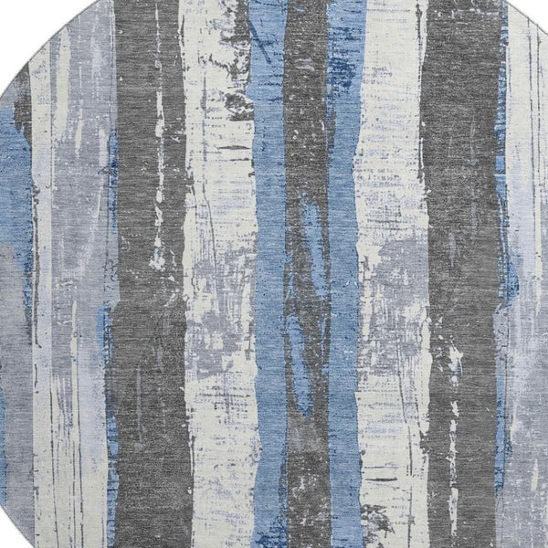 HomeRoots 8' Denim Blue and Gray Striped Washable Round Rug - Durable, Stain-Resistant, UV Protected Design! 706418