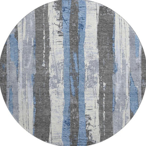 HomeRoots 8' Denim Blue and Gray Striped Washable Round Rug - Durable, Stain-Resistant, UV Protected Design! 706418