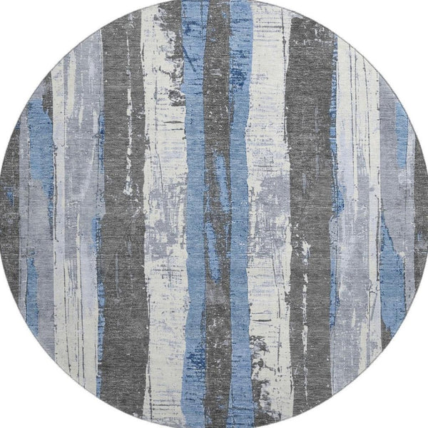 HomeRoots 8' Denim Blue and Gray Striped Washable Round Rug - Durable, Stain-Resistant, UV Protected Design! 706418