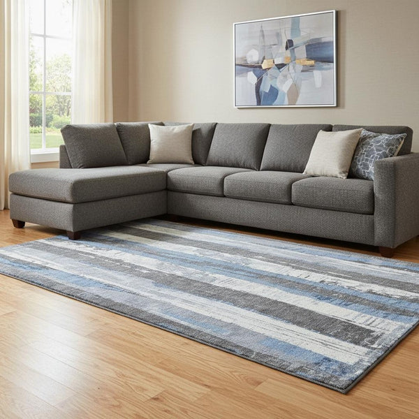 HomeRoots 8' X 10' Washable Denim Blue & Gray Striped Area Rug with UV Protection for Family-Friendly Spaces 706419
