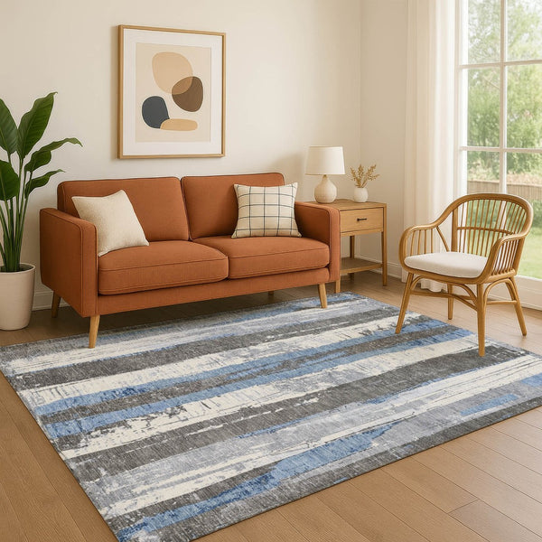 HomeRoots 8' X 10' Washable Denim Blue & Gray Striped Area Rug with UV Protection for Family-Friendly Spaces 706419