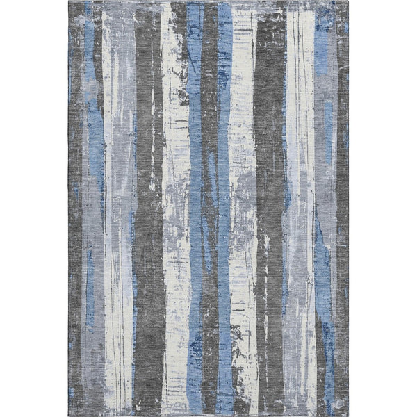 HomeRoots 8' X 10' Washable Denim Blue & Gray Striped Area Rug with UV Protection for Family-Friendly Spaces 706419