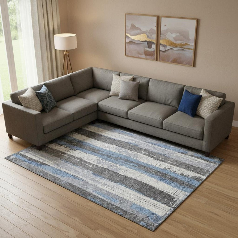 HomeRoots 9' X 12' Denim Blue & Gray Striped Area Rug - Durable, Washable, UV Protected for Homes with Kids & Pets 706420