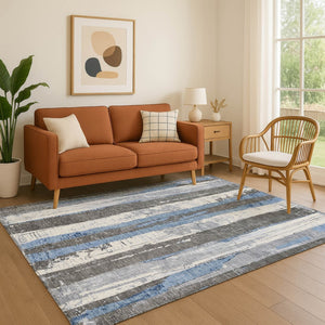 HomeRoots 9' X 12' Denim Blue & Gray Striped Area Rug - Durable, Washable, UV Protected for Homes with Kids & Pets 706420