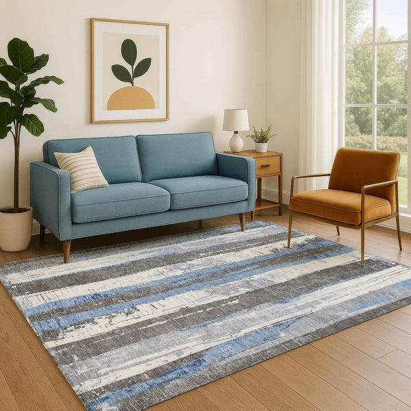 HomeRoots 9' X 12' Denim Blue & Gray Striped Area Rug - Durable, Washable, UV Protected for Homes with Kids & Pets 706420