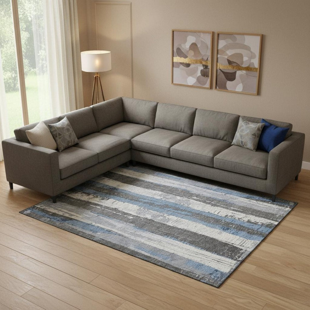 HomeRoots 10' Denim Blue & Gray Striped Washable Area Rug - Durable, UV-Protected for Homes with Kids & Pets 706421