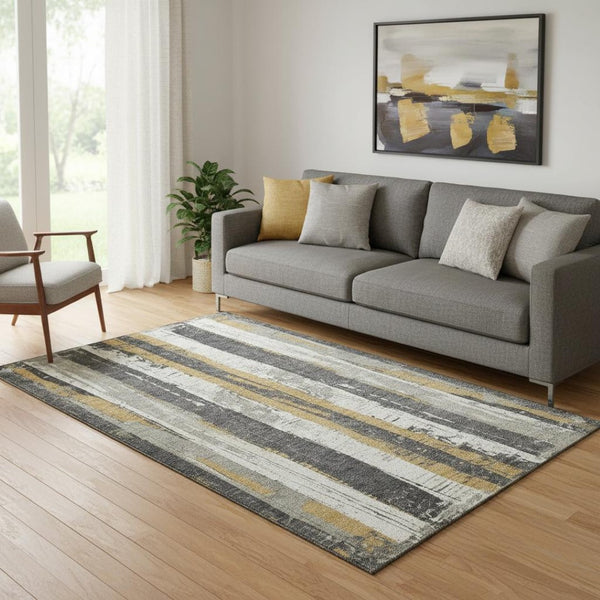 HomeRoots 5' X 8' Gold and Gray Striped Washable Area Rug - Durable, UV Protected, Ideal for Homes with Pets! 706423