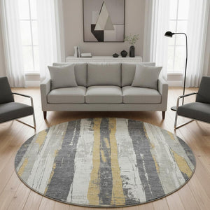 HomeRoots 8' Gold and Gray Striped Washable Round Rug - UV Protected, Stain Resistant for Busy Homes & Style 706424