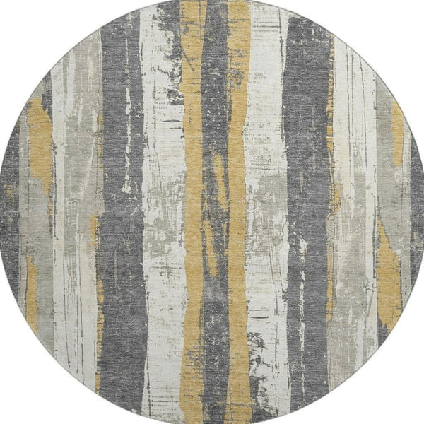 HomeRoots 8' Gold and Gray Striped Washable Round Rug - UV Protected, Stain Resistant for Busy Homes & Style 706424