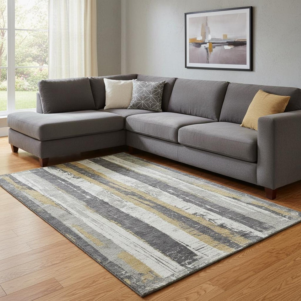 HomeRoots 8' X 10' Gold and Gray Striped Washable Area Rug - Durable, UV-Protected, Stain-Resistant Design! 706425