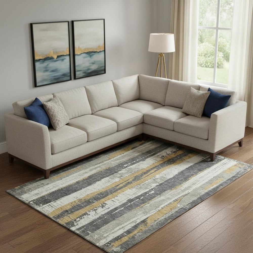 HomeRoots 9' X 12' Striped Gold and Gray Area Rug - Washable, UV Protected, Durable Design for Every Room 706426