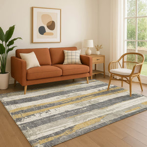 HomeRoots 9' X 12' Striped Gold and Gray Area Rug - Washable, UV Protected, Durable Design for Every Room 706426