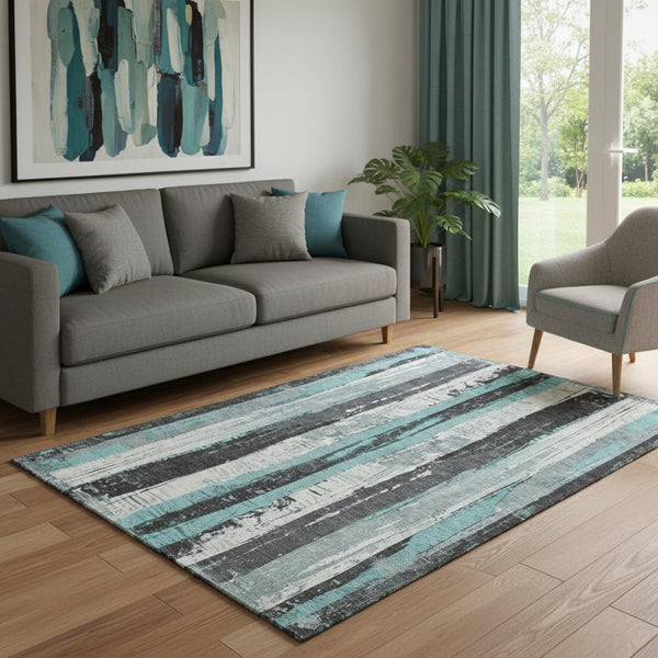 HomeRoots 5' X 8' Teal and Gray Striped Area Rug - Durable, Washable, UV-Protected for High-Traffic Homes 706429