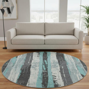 HomeRoots 8' Teal and Gray Striped Washable Round Rug - Durable, UV-Protected, Perfect for High-Traffic Areas 706430