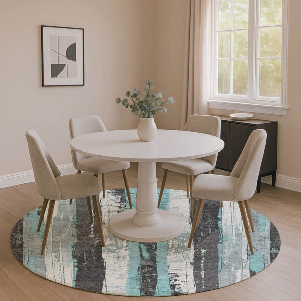 HomeRoots 8' Teal and Gray Striped Washable Round Rug - Durable, UV-Protected, Perfect for High-Traffic Areas 706430