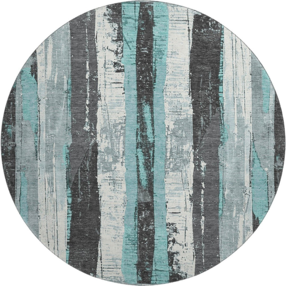 HomeRoots 8' Teal and Gray Striped Washable Round Rug - Durable, UV-Protected, Perfect for High-Traffic Areas 706430