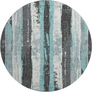 HomeRoots 8' Teal and Gray Striped Washable Round Rug - Durable, UV-Protected, Perfect for High-Traffic Areas 706430