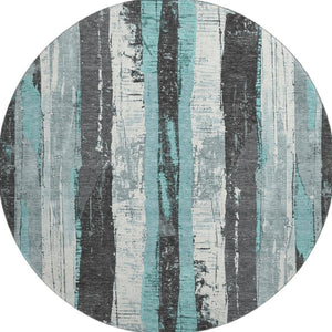 HomeRoots 8' Teal and Gray Striped Washable Round Rug - Durable, UV-Protected, Perfect for High-Traffic Areas 706430