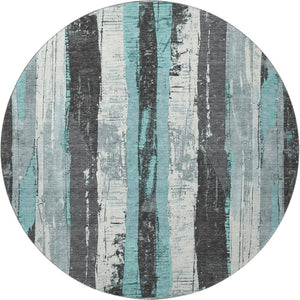 HomeRoots 8' Teal and Gray Striped Washable Round Rug - Durable, UV-Protected, Perfect for High-Traffic Areas 706430