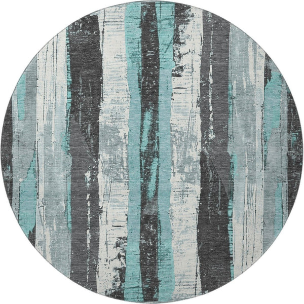 HomeRoots 8' Teal and Gray Striped Washable Round Rug - Durable, UV-Protected, Perfect for High-Traffic Areas 706430