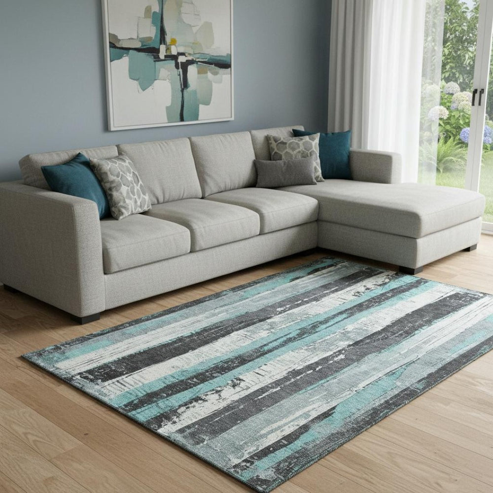 HomeRoots 8' X 10' Teal And Gray Striped Washable Area Rug - Durable, Stain-Resistant, UV Protected & Stylish! 706431