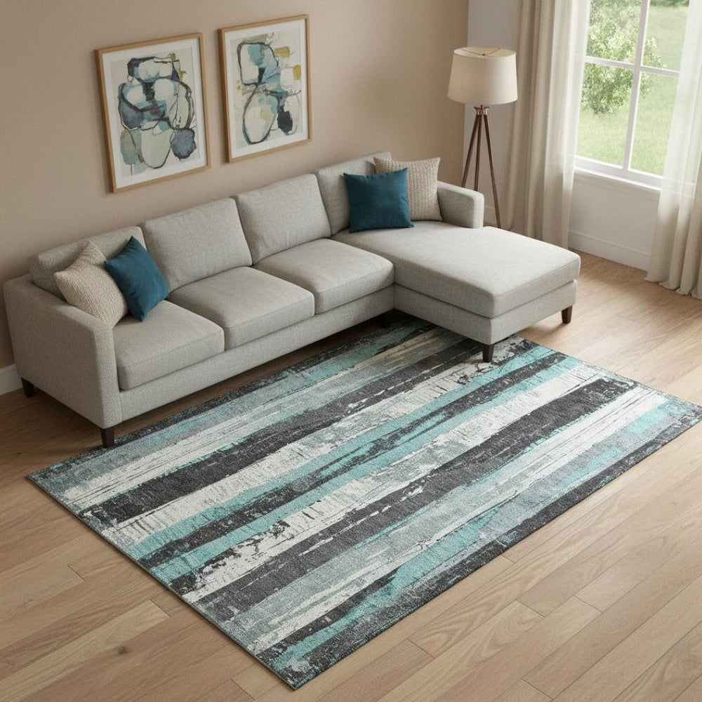 HomeRoots 9' X 12' Teal & Gray Striped Washable Area Rug - Durable, UV-Protected, Perfect for High-Traffic Spaces 706432