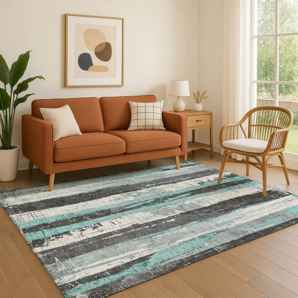 HomeRoots 9' X 12' Teal & Gray Striped Washable Area Rug - Durable, UV-Protected, Perfect for High-Traffic Spaces 706432