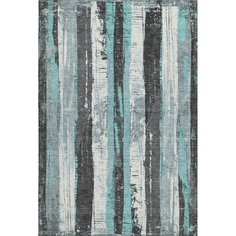 HomeRoots 9' X 12' Teal & Gray Striped Washable Area Rug - Durable, UV-Protected, Perfect for High-Traffic Spaces 706432