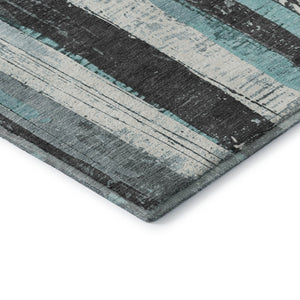 HomeRoots 9' X 12' Teal & Gray Striped Washable Area Rug - Durable, UV-Protected, Perfect for High-Traffic Spaces 706432