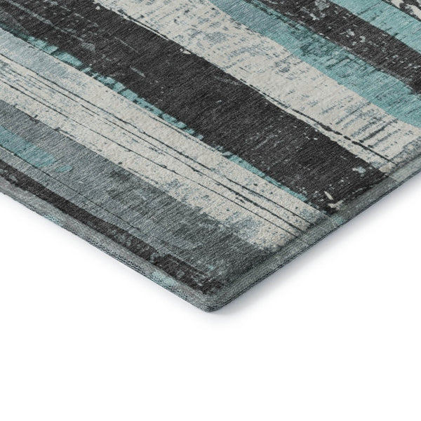 HomeRoots 9' X 12' Teal & Gray Striped Washable Area Rug - Durable, UV-Protected, Perfect for High-Traffic Spaces 706432