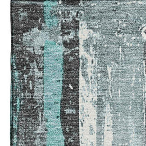 HomeRoots 9' X 12' Teal & Gray Striped Washable Area Rug - Durable, UV-Protected, Perfect for High-Traffic Spaces 706432
