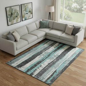 HomeRoots 10' X 14' Stylish Teal and Gray Striped Washable Area Rug with UV Protection for Busy Homes 706433