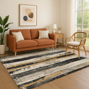 HomeRoots 5' Taupe Gold and Gray Striped Area Rug – Washable, UV-Protected, Durable Design for Every Room! 706435