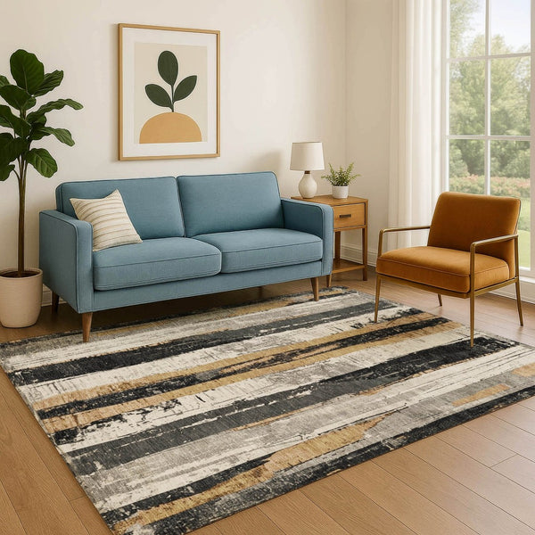 HomeRoots 5' Taupe Gold and Gray Striped Area Rug – Washable, UV-Protected, Durable Design for Every Room! 706435