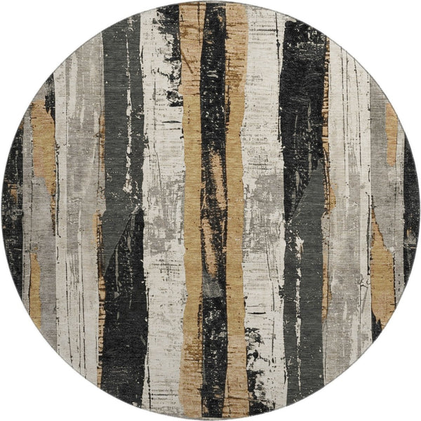 HomeRoots 8' Stylish Taupe Gold and Gray Striped Round Washable Rug with UV Protection for Busy Homes 706436
