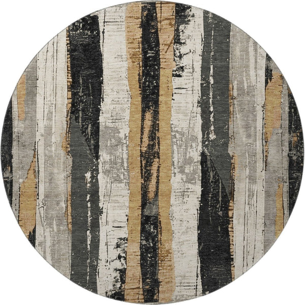 HomeRoots 8' Stylish Taupe Gold and Gray Striped Round Washable Rug with UV Protection for Busy Homes 706436
