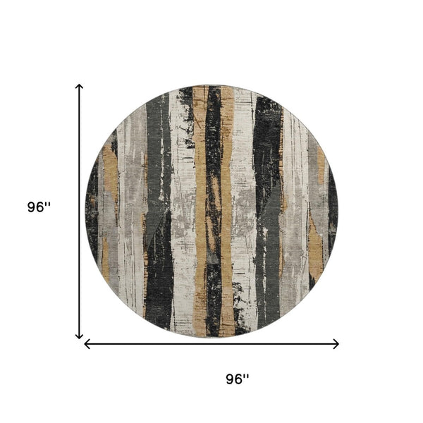 HomeRoots 8' Stylish Taupe Gold and Gray Striped Round Washable Rug with UV Protection for Busy Homes 706436