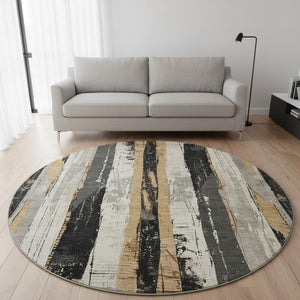 HomeRoots 8' Stylish Taupe Gold and Gray Striped Round Washable Rug with UV Protection for Busy Homes 706436
