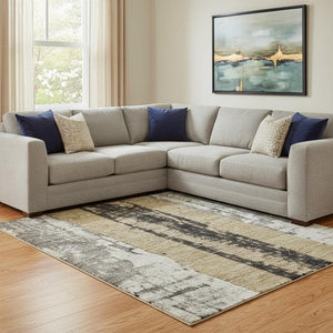 HomeRoots 8' X 10' Striped Area Rug in Taupe Gold Gray – Washable, UV Protected, Durable & Stylish for Any Space 706437