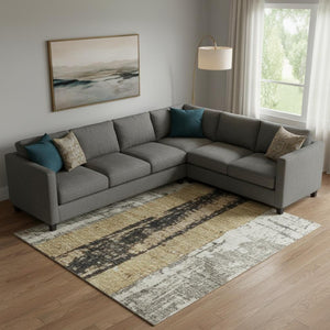 HomeRoots 9' X 12' Striped Washable Area Rug in Taupe, Gold & Gray – UV Protected, Stain Resistant & Durable! 706438