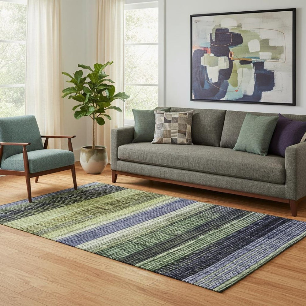HomeRoots 5' X 8' Artichoke Green & Purple Striped Washable Area Rug - UV Protected, Stain-Resistant & Durable 706441