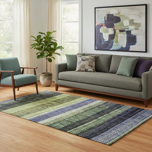 HomeRoots 5' X 8' Artichoke Green & Purple Striped Washable Area Rug - UV Protected, Stain-Resistant & Durable 706441