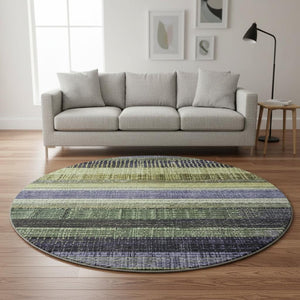 HomeRoots 8' Artichoke Green and Purple Striped Washable Round Rug – Durable, UV-Protected, Non-Slip Design 706442