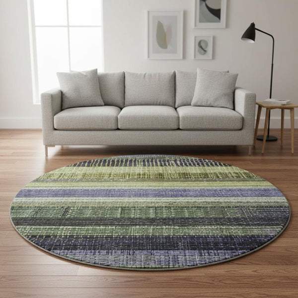 HomeRoots 8' Artichoke Green and Purple Striped Washable Round Rug – Durable, UV-Protected, Non-Slip Design 706442