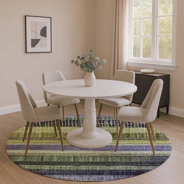 HomeRoots 8' Artichoke Green and Purple Striped Washable Round Rug – Durable, UV-Protected, Non-Slip Design 706442